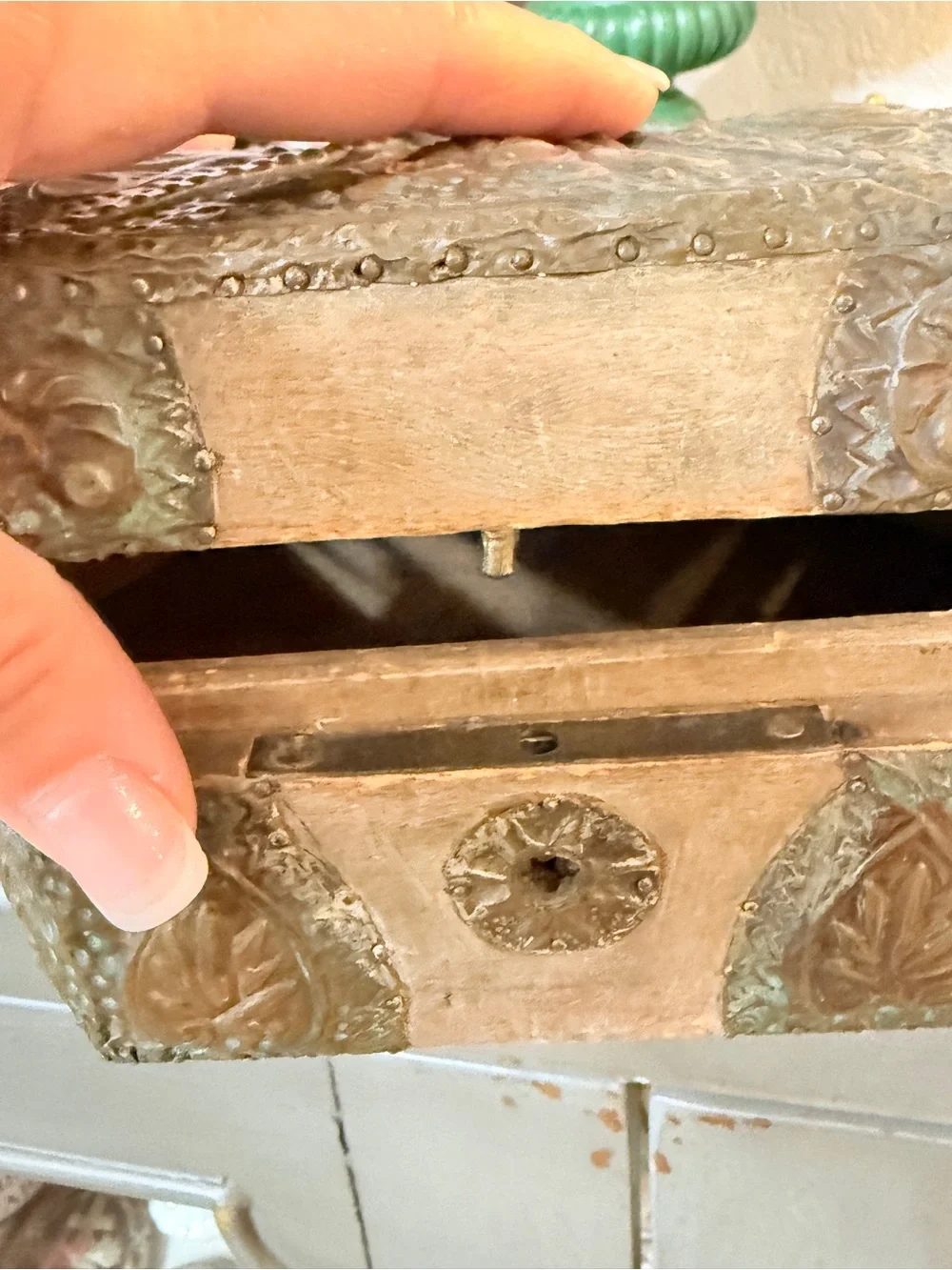 Antique Brass & Wood Ornate Hexagonal Decorative Trinket Box from Czech Republic